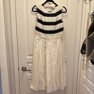 Ports 1961 Black and White Striped Bodice Midi Dress with White Skirt